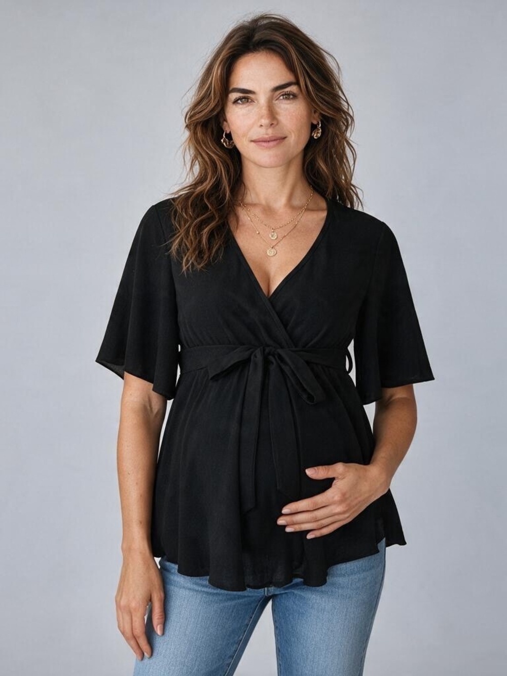 Black V-Neck Tie-Waist Flutter Sleeve Maternity Blouse – Large